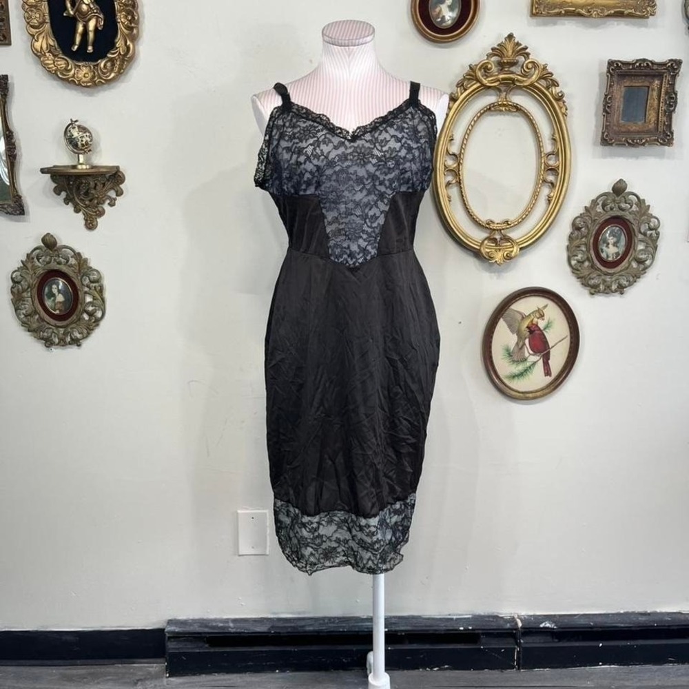 Vintage Black Lace Slip Dress Size 40 Sheer Nylon Nightgown Lingerie